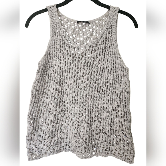 EILEEN FISHER Silver Sequined Chain Mail Knit Sleeveless Knit Top, petite - Picture 3 of 8